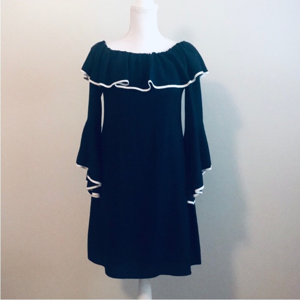 Off-Shoulder Dress / On-Shoulders Navy Blue, White Trim Romantic Classy Elegant - Picture 8 of 9